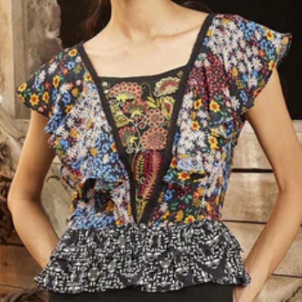 Bhanuni by Jyoti x Anthropologie Neda Beaded Ruffle Hem Top size Large - Picture 7 of 8